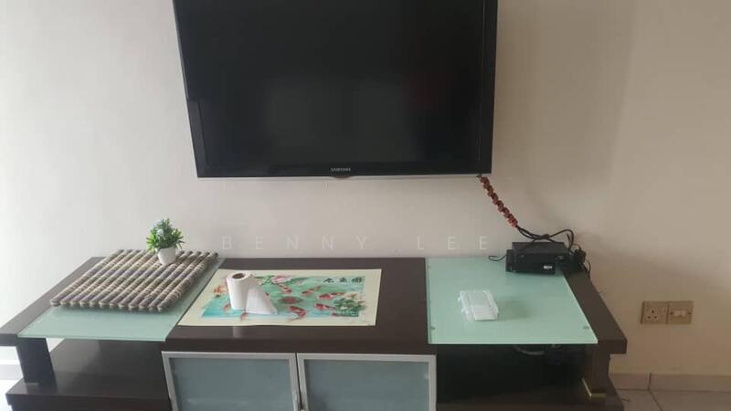 Living features: wall-mounted TV, dark wood TV console, glass top on console, decorative plant on console, paper towel roll, artwork on console, cable management visible, light-colored walls; style: modern.