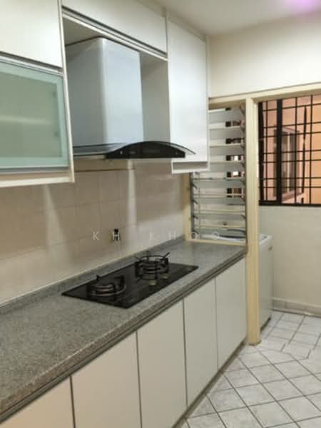 Kitchen features: granite countertop, white cabinetry, built-in oven, 2-burner gas hob, stainless-steel range hood, tile backsplash, ceramic tile flooring, window with security bars, open shelving, laundry area visible; style: modern.