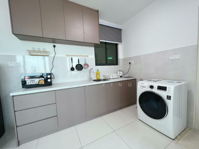 Kitchen features: grey flat-panel cabinets, white quartz countertop, stainless-steel sink, chrome pull-down faucet, built-in microwave, freestanding washing machine, ceramic tile flooring, window with roller blinds, wall-mounted utensils rack, kitchen wall tiles, kitchen cleaning supplies, kitchen appliances; style: modern.