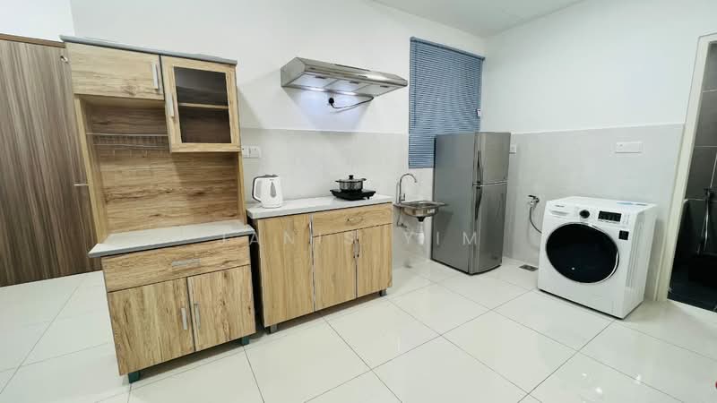 Kitchen features: wood cabinetry with natural finish, white countertop, stainless-steel range hood, stainless-steel fridge, built-in sink with faucet, white washing machine, ceramic tile flooring, wall-mounted window with blue blinds, kettle, black cooking pot; style: modern.