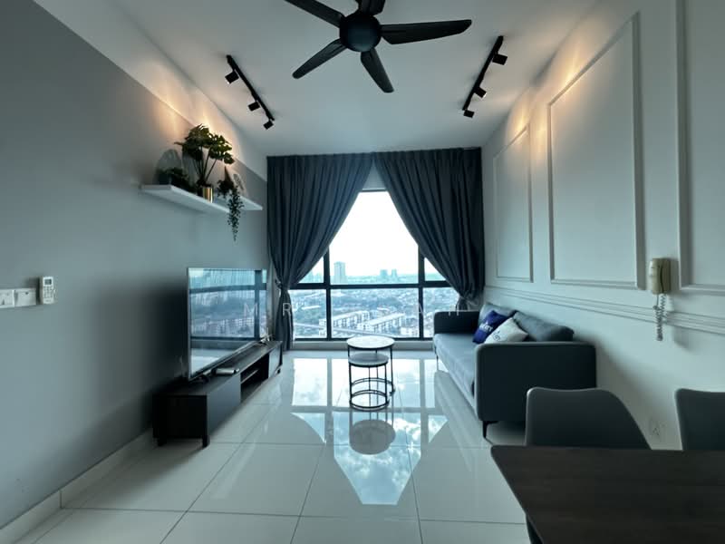 Living features: grey painted walls, white ceiling with recessed downlights, 5-blade ceiling fan with light, floor-to-ceiling windows, curtains, white glossy tile flooring, TV console, wall-mounted TV, coffee table, sofa in light grey, decorative plants on shelf, decorative wall paneling; style: modern; view: city.