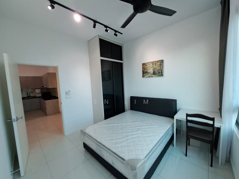 Bedroom features: queen-size bed, black upholstered headboard, white bedding, built-in wardrobe with sliding doors, study desk, wooden chair, floor-to-ceiling window, white curtains, recessed LED downlights, ceiling fan, white tiled flooring, neutral wall color; style: modern. Kitchen features: kitchen cabinets, stainless-steel appliances, countertop, open layout to bedroom; style: modern.