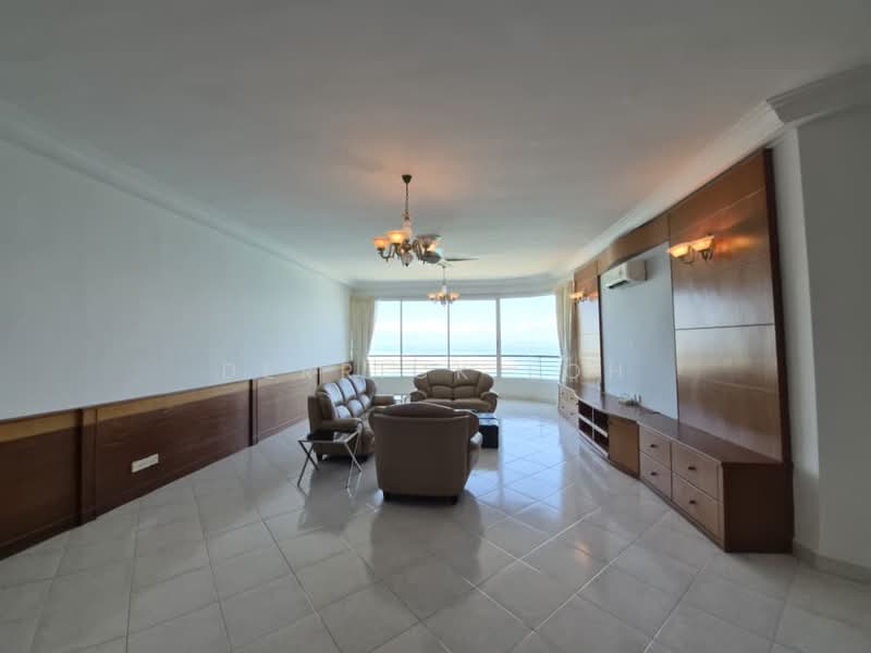Living features: cream painted walls, white ceiling, recessed downlights, 2-blade ceiling fan, large floor-to-ceiling windows with sea view, light-colored tiled flooring, brown leather sofa set, wooden TV console, built-in shelving unit, wall-mounted air conditioning unit; style: contemporary; view: sea.