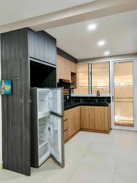 Kitchen features: black countertop, wood cabinetry, stainless-steel fridge, built-in oven, single-bowl stainless-steel sink, chrome pull-down faucet, tile backsplash, floor-to-ceiling window, light-colored tile flooring, recessed downlights; style: modern.