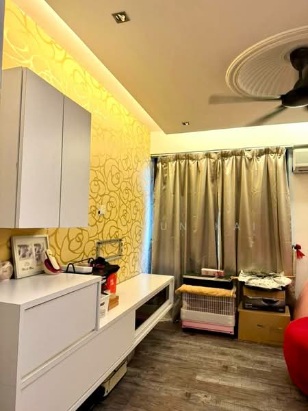 Room features: light yellow floral wallpaper, white wall-mounted cabinet, grey laminate flooring, curtains in light grey, ceiling fan, wall-mounted air conditioning unit, decorative ceiling rose, white console table, storage boxes, pet cage, decorative items on console; style: modern.