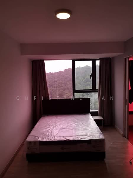 Bedroom features: queen-size bed, wooden flooring, floor-to-ceiling window, curtains, light fixture on ceiling, nightstand, mountain view; style: modern; view: mountain.