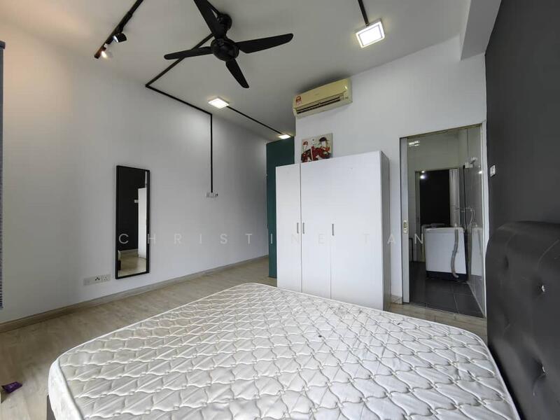 Bedroom features: queen-size bed, upholstered headboard, 5-blade ceiling fan with light, wall-mounted air conditioning unit, white wardrobe, full-length mirror, grey accent wall, light wood flooring, en-suite bathroom visible; style: modern.