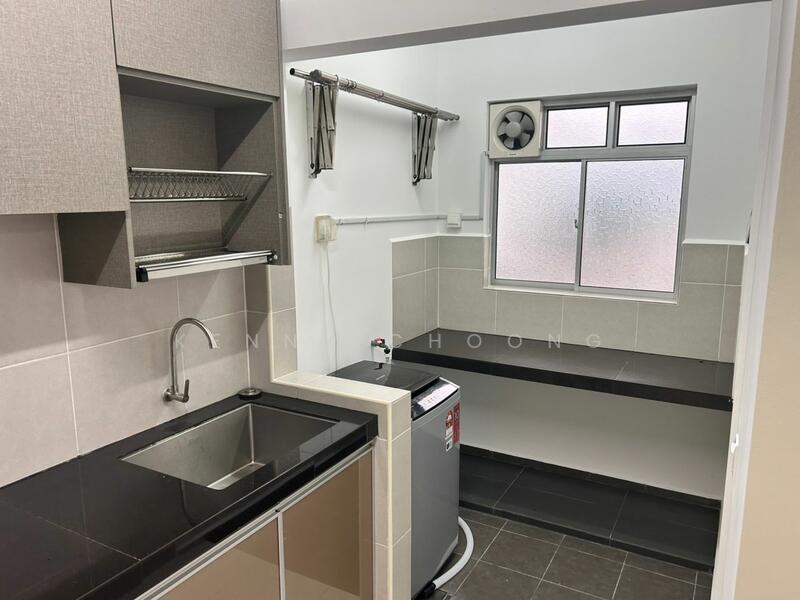 Laundry features: black granite countertop, single-bowl stainless-steel sink, chrome pull-down faucet, built-in cabinetry with grey finish, white tiled walls, grey tiled flooring, window with frosted glass, wall-mounted clothes drying rack, washing machine, exhaust fan; style: modern.
