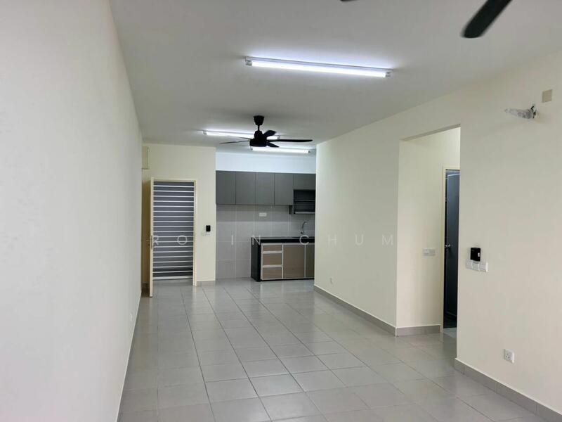 Living features: white painted walls, grey tiled flooring, ceiling fan, recessed LED downlights, open layout, kitchen area visible, sliding door to hallway, kitchen cabinetry in grey, stainless-steel sink, built-in kitchen appliances; style: modern.