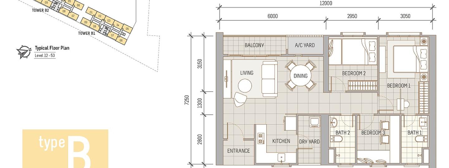 Floor plan: 3-bedroom 2-bathroom unit; features: open-plan kitchen-dining-living, master bedroom with ensuite bathroom, balcony off living room, utility room, central foyer, 1 car porch.