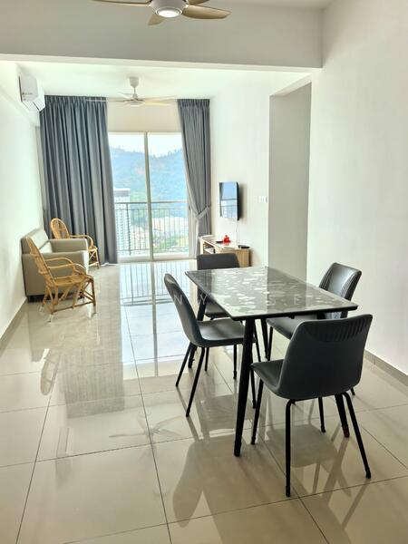 Living features: floor-to-ceiling windows, sliding glass door, grey curtains, light-colored walls, white ceiling, 5-blade ceiling fan, rectangular dining table, 4 black dining chairs, light-colored armchair, TV console, wall-mounted TV, polished tile flooring; style: modern; view: mountain.