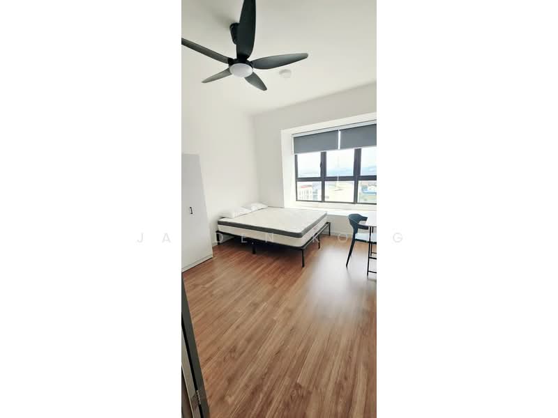 Bedroom features: wooden flooring, white painted walls, 5-blade ceiling fan, floor-to-ceiling windows, blackout curtains, queen-size bed frame without mattress, study desk, chair; style: modern; view: city.
