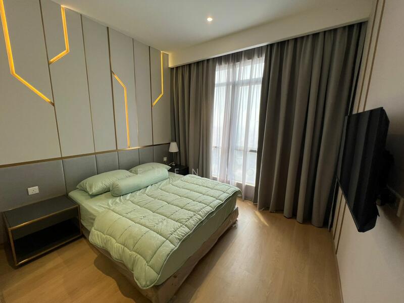 Bedroom features: queen-size bed with green bedding, light wood flooring, grey curtains, floor-to-ceiling windows, wall-mounted TV, nightstand with lamp, decorative wall paneling with LED lighting, recessed ceiling lights; style: modern.