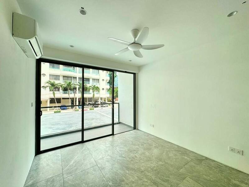 Living features: white painted walls, grey tile flooring, 5-blade ceiling fan with light, floor-to-ceiling sliding glass door, air conditioning unit, natural light from large window, view of outdoor area; style: modern; view: garden.