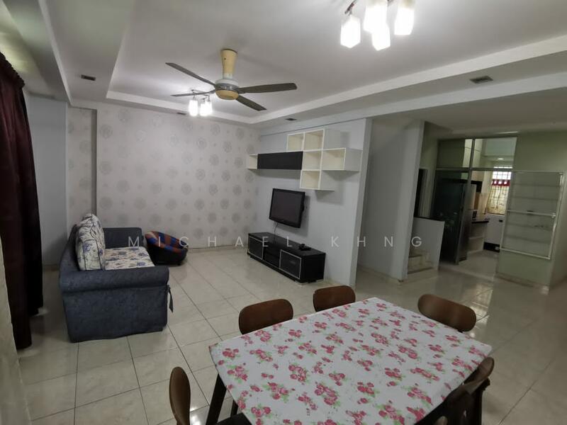 Living features: 3-seater fabric sofa in blue, coffee table, wall-mounted TV, TV console, area rug, ceiling fan with light, recessed downlights, decorative wall with floral pattern, cream tiled flooring, dining table with floral tablecloth, dining chairs; style: modern.