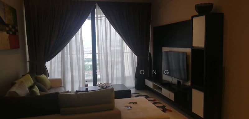 Living features: floor-to-ceiling windows, curtains, 3-seater fabric sofa in grey, 2-seater fabric sofa in beige, coffee table, TV console, wall-mounted TV, area rug with geometric pattern, decorative wall art, light-colored walls, laminate flooring; style: modern; view: city.