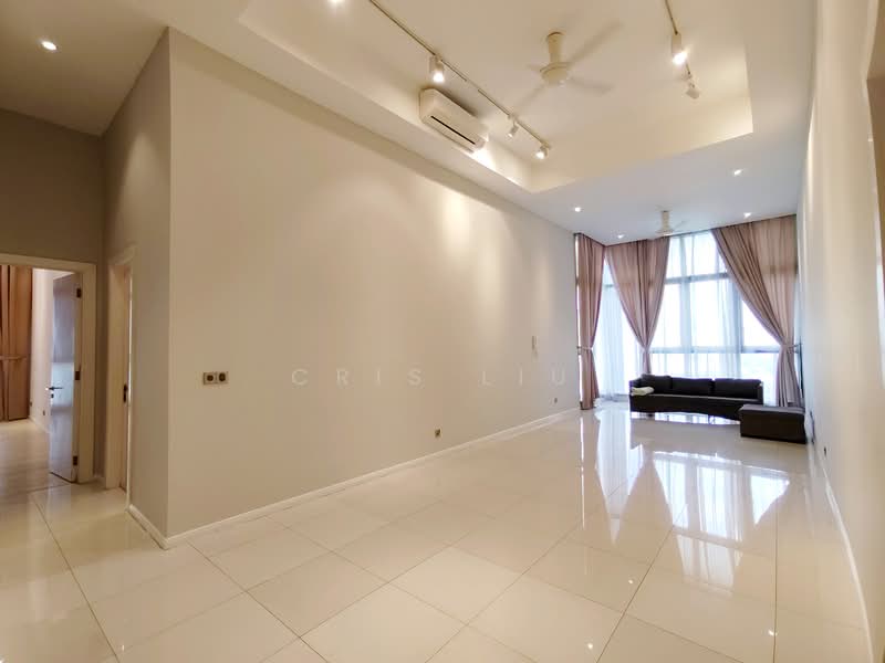 Living features: white painted walls, polished ceramic tile flooring, tray ceiling, recessed downlights, 5-blade ceiling fan, floor-to-ceiling windows, sheer curtains, black leather sofa, area rug; style: modern.