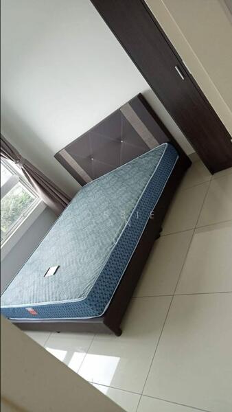 Bedroom features: queen-size bed, upholstered headboard, white walls, floor-to-ceiling window, curtains, tile flooring, built-in wardrobe, decorative wall panel, nightstand, mattress; style: modern.
