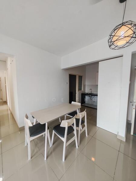Dining features: dining table with four chairs, white walls, glossy tiled flooring, pendant light fixture, open layout to kitchen, neutral color palette, sliding door to kitchen, natural light from adjacent area; style: modern. Room features: white walls, glossy tiled flooring, doorway leading to hallway.