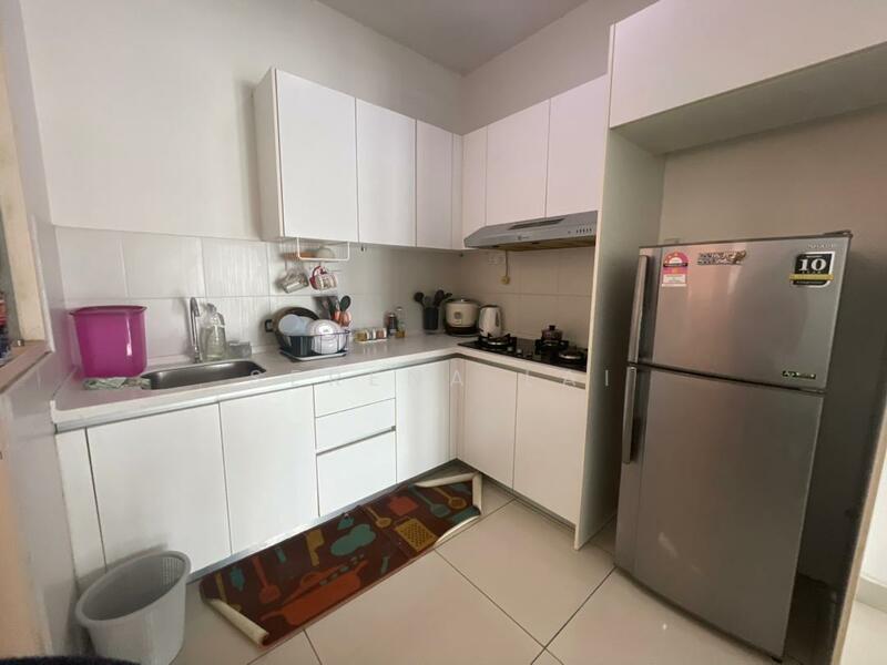Kitchen features: white cabinetry, stainless-steel fridge, built-in oven, 4-burner gas hob, stainless-steel range hood, single-bowl stainless-steel sink, chrome pull-down faucet, ceramic tile flooring, white tiled backsplash, countertop with integrated sink, kitchen utensils visible, kitchen mat with colorful pattern; style: modern.