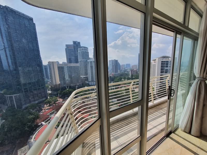 Room features: floor-to-ceiling windows, sliding glass door, balcony with railing, city skyline view, cream tiled flooring, curtains, outdoor space, natural light; style: modern; view: city.