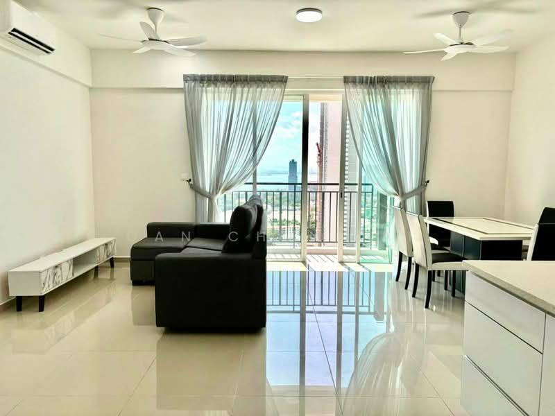 Living features: grey fabric sofa, white marble TV console, dining table with black chairs, floor-to-ceiling windows, sheer curtains, 2 ceiling fans, glossy tile flooring, balcony access, white walls, recessed downlights; style: modern; view: city.
