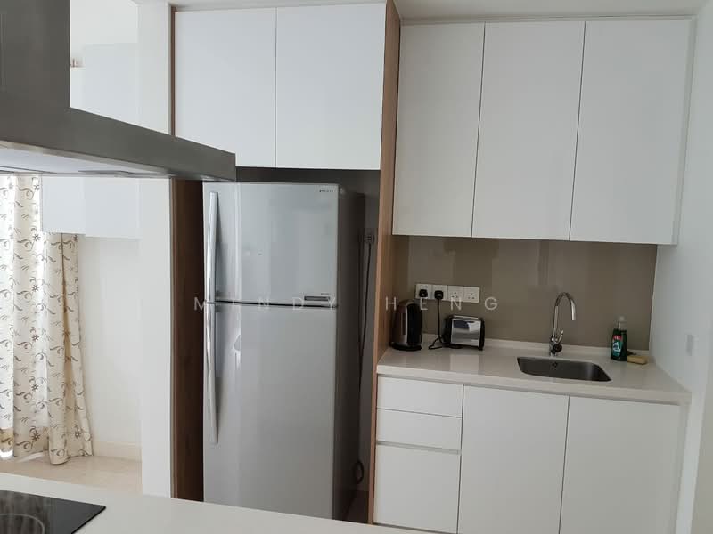 Kitchen features: white cabinetry, stainless-steel fridge, built-in oven, ceramic cooktop, single-bowl stainless-steel sink, chrome pull-down faucet, white backsplash, countertop with overhang, window with sheer curtains; style: modern.