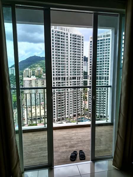 Room features: floor-to-ceiling sliding glass doors, balcony with railing, city skyline view, mountain view, tile flooring, curtains, slippers on the floor; style: modern; view: city.