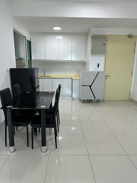 Kitchen features: white cabinetry, black dining table with six black chairs, stainless-steel sink, chrome faucet, white countertop, ceramic tile flooring, recessed ceiling lights, built-in cabinet with geometric design, sliding glass door, open layout; style: modern.
