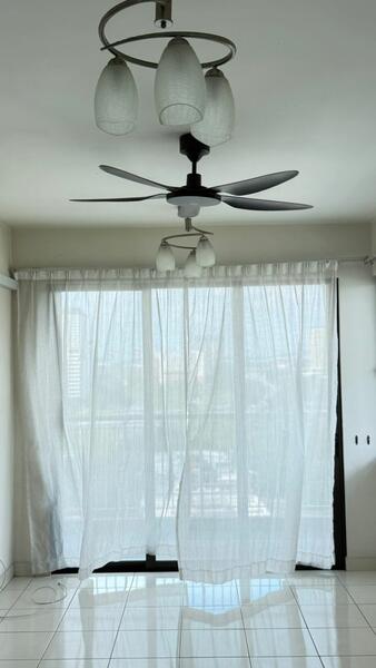 Room features: floor-to-ceiling windows, sheer curtains, 5-blade ceiling fan with light, pendant lamp, white walls, glossy tile flooring, city view; style: modern; view: city.