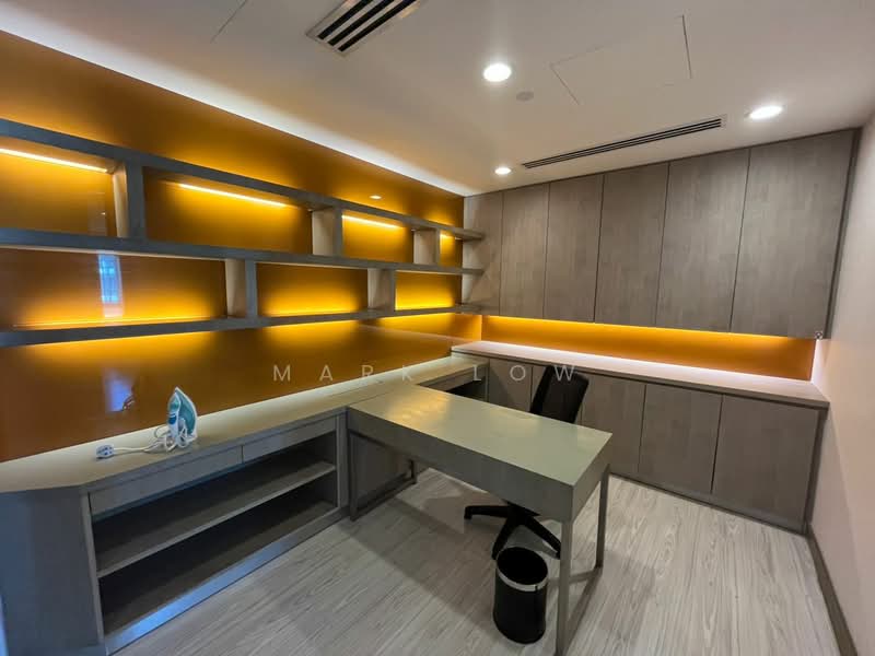 Study features: built-in wooden cabinetry in grey, floating shelves with warm LED lighting, desk with grey surface, black office chair, wooden flooring, wall-mounted air conditioning unit, waste bin, iron, neutral wall colour; style: modern.
