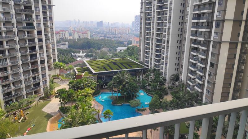 Exterior type: high-rise condominium; features: swimming pool with landscaped garden, children's playground, manicured lawn, tropical landscaping, multiple high-rise buildings, green rooftop terrace, pool deck with loungers, surrounded by mature trees; style: modern.