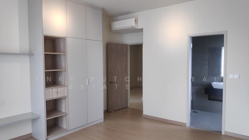 Room features: light wood laminate flooring, white painted walls, built-in shelving unit with open and closed storage, door leading to another room, doorway leading to bathroom, wall-mounted split AC unit, neutral color scheme, large window with natural light; style: modern.