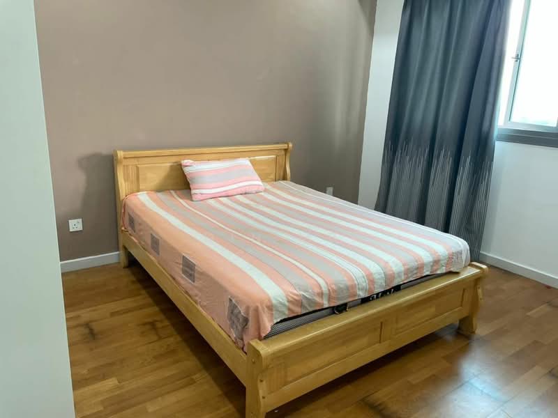 Bedroom features: queen-size bed, wooden bed frame, striped bedspread, wooden flooring, painted walls in light brown, curtains in dark grey, window with natural light, decorative pillow; style: modern.