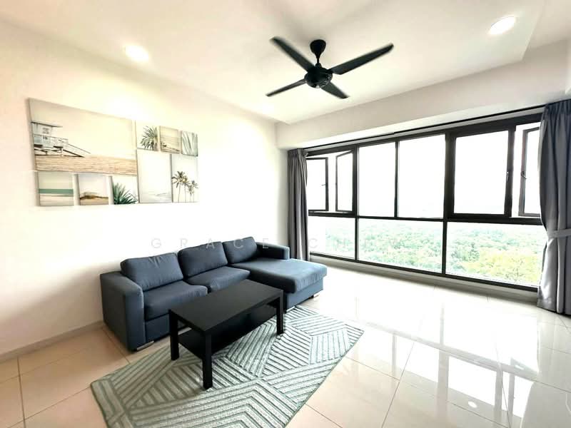 Living features: 3-seater fabric sofa in grey, coffee table, area rug with geometric pattern, floor-to-ceiling windows, curtains, ceiling fan, recessed downlights, white painted walls, glossy tile flooring; style: modern; view: garden.