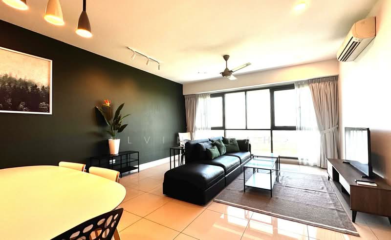 Living features: black leather sofa, coffee table, TV console, wall-mounted TV, area rug, 5-blade ceiling fan, floor-to-ceiling windows, sheer curtains, recessed downlights, decorative plant, framed artwork, light grey walls, white tiled flooring; style: modern; view: city.