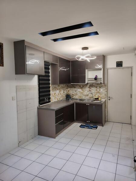 Kitchen features: grey cabinetry, marble backsplash, stainless-steel sink, chrome pull-down faucet, built-in oven, freestanding range oven, recessed LED downlights, tile flooring, window with horizontal blinds, countertop with storage below, kitchen island, decorative wall art; style: modern.