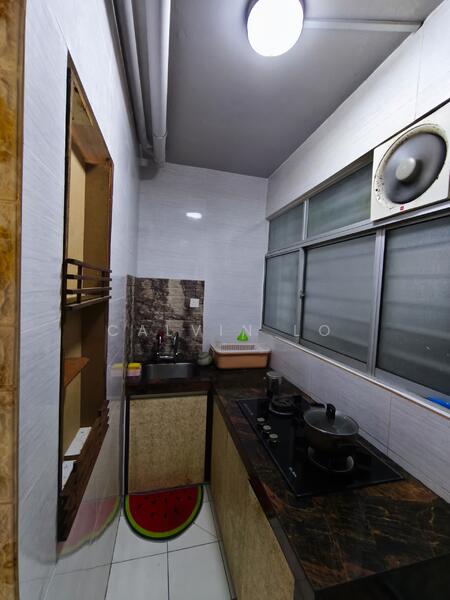 Kitchen features: single-bowl stainless-steel sink, chrome pull-down faucet, black granite countertop, wood cabinetry, built-in gas stove, exhaust fan, white tiled walls, white tiled flooring, window with metal frame, recessed ceiling light; style: modern.