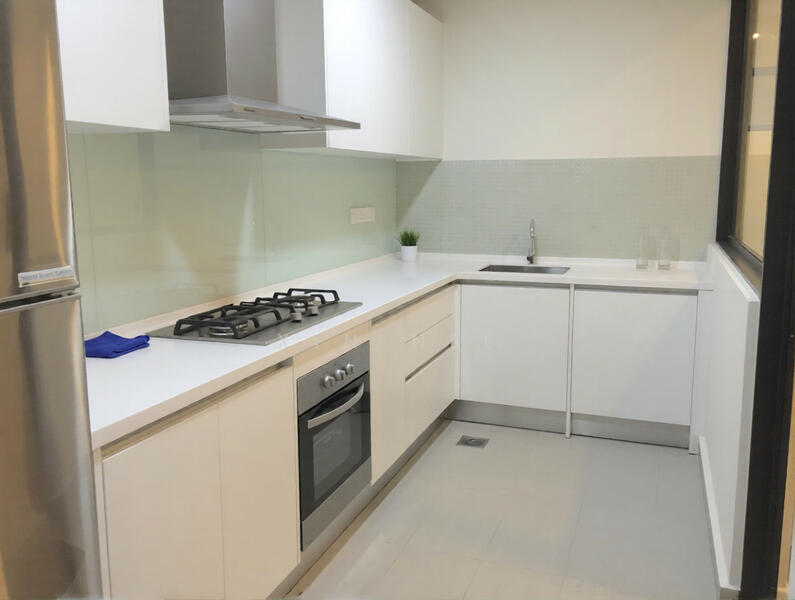 Kitchen features: white cabinetry, stainless-steel gas hob, built-in oven, single-bowl stainless-steel sink, chrome pull-down faucet, white quartz countertop, glass backsplash, recessed downlights, tile flooring, fridge, open shelving, plant decoration; style: modern.