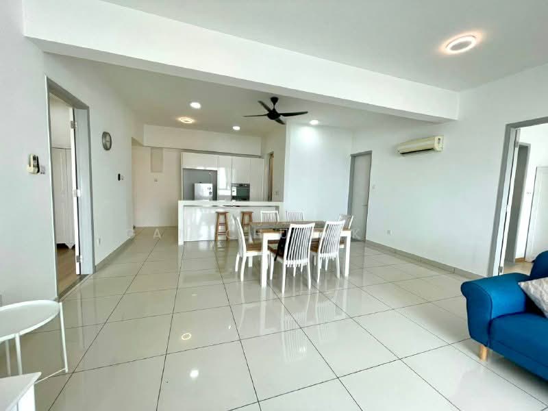 Dining features: white dining table, 6 white dining chairs, pendant light, wall-mounted air conditioning unit, grey walls, white tiled flooring, open-plan layout, ceiling fan; style: modern. Kitchen features: white cabinetry, stainless-steel fridge, built-in oven, 4-burner gas hob, white countertop, tile backsplash; style: modern. Living features: blue fabric sofa, coffee table, wall-mounted TV, area rug, floor-to-ceiling windows; style: modern.