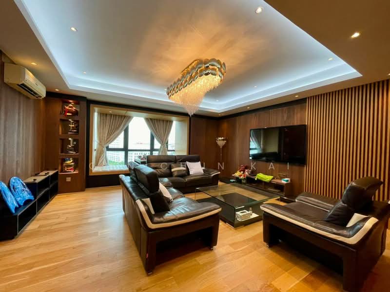 Living features: dark wood paneling, light wood flooring, chandelier with multiple bulbs, recessed LED downlights, floor-to-ceiling windows, sheer curtains, black leather sectional sofa, glass coffee table, black leather armchair, wall-mounted TV, built-in shelving unit, decorative items on shelves, air conditioning unit; style: modern; view: city.