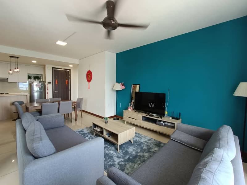 Living features: grey fabric 3-seater sofa, grey fabric 2-seater sofa, light wood coffee table, blue area rug, wall-mounted TV, light wood TV console, floor lamp, ceiling fan with light, blue accent wall, white painted walls, recessed lighting; style: modern.