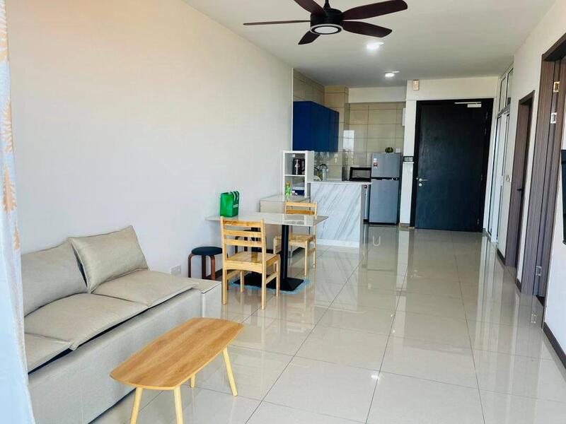 Living features: 3-seater fabric sofa in light grey, wooden coffee table, dining table with 4 wooden chairs, kitchenette with blue cabinets, white marble countertop, stainless-steel fridge, ceramic tile flooring, ceiling fan with light, floor-to-ceiling windows, neutral painted walls, open layout; style: modern.