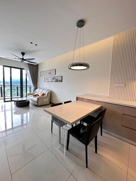Living features: white painted walls, grey accent wall, glossy tile flooring, 5-blade ceiling fan with light, pendant lamp, floor-to-ceiling windows, sliding glass door, curtains, sofa in cream, dining table with white countertop, black dining chairs, decorative wall art, area rug; style: modern; view: mountain.