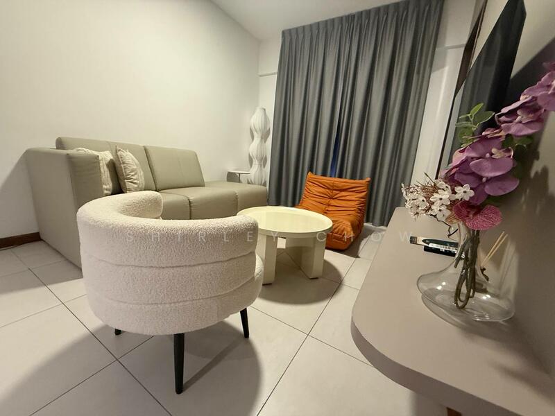Living features: light grey fabric sofa, orange accent chair, white round coffee table, white textured armchair, floor-to-ceiling curtains in grey, white tiled flooring, decorative vase with flowers, wall-mounted TV, minimalist side table; style: modern.