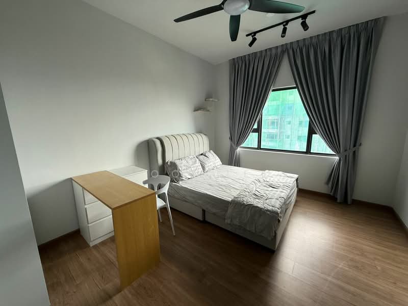 Bedroom features: queen-size bed, upholstered headboard, bedding with patterned duvet, 2 bedside tables, white chair, wooden desk, floor-to-ceiling window, grey curtains, wood laminate flooring, ceiling fan with light, track lighting; style: modern; view: city.