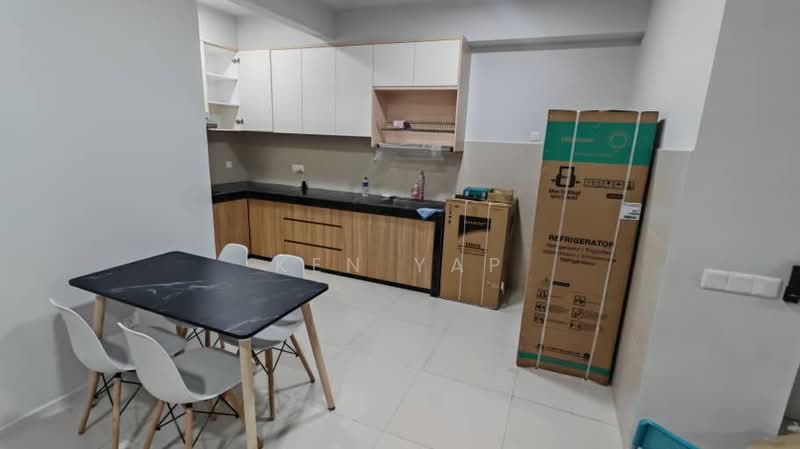 Kitchen features: black granite countertop, white upper cabinets, wood lower cabinets, stainless-steel sink, chrome faucet, built-in kitchen appliances, tile backsplash, ceramic tile flooring, dining table with black top, 4 white dining chairs, refrigerator in box; style: modern.