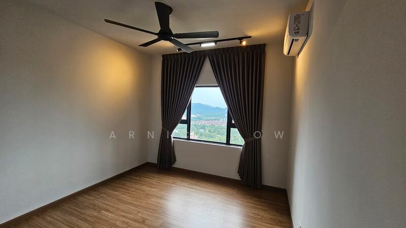Room features: wooden flooring, white painted walls, 5-blade ceiling fan with light, floor-to-ceiling window, blackout curtains, mountain view, air conditioning unit; style: modern; view: mountain.