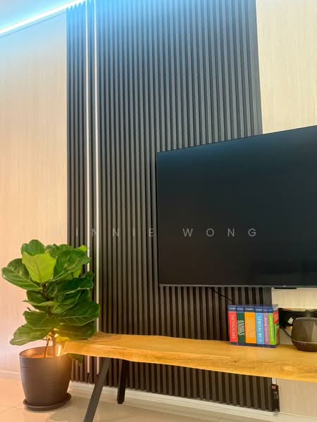 Living features: black vertical slat wall, flat-screen TV, wooden coffee table, decorative plant in pot, colorful books on shelf, neutral wall color, tile flooring, LED strip lighting; style: modern.