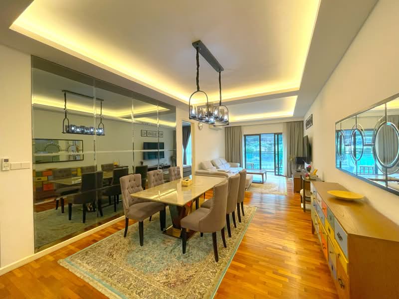 Dining features: 8-seater dining table with glass top, upholstered dining chairs in grey, chandelier lighting, wooden flooring, decorative area rug with geometric pattern, mirrored wall, wall-mounted TV, floor-to-ceiling windows with sheer curtains; style: modern; view: garden. Living features: sofa in light color, coffee table, TV console, decorative wall art, natural light from large windows; style: modern; view: garden.